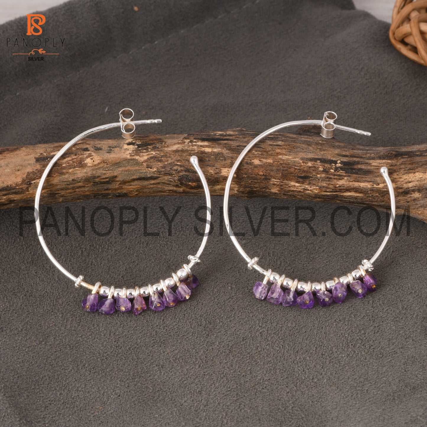 Amethyst Unshaped Silver Loop Earrings for Girls, Women's