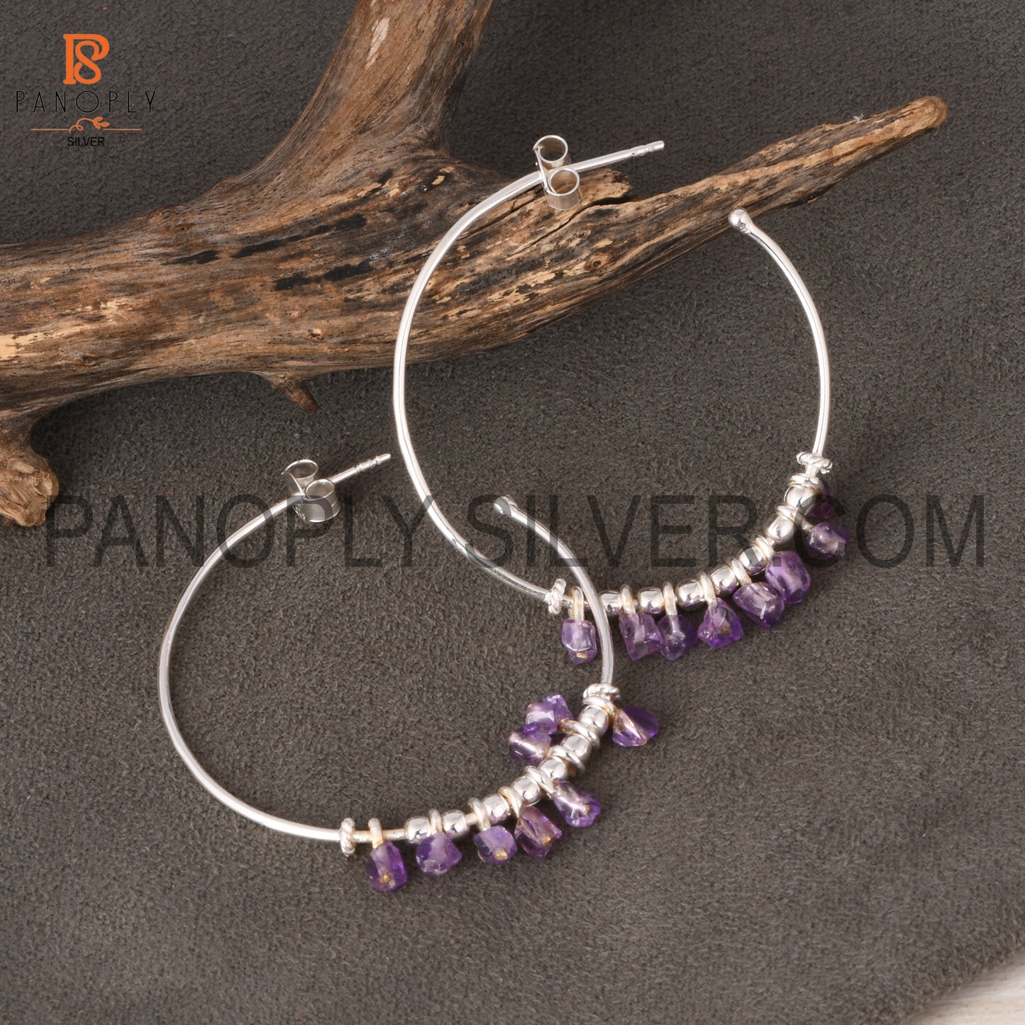 Amethyst Unshaped Silver Loop Earrings for Girls, Women's