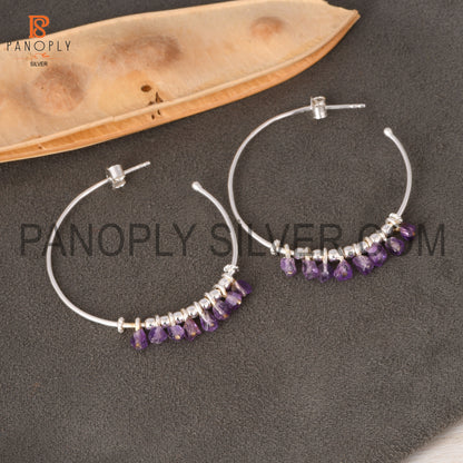 Amethyst Unshaped Silver Loop Earrings for Girls, Women's