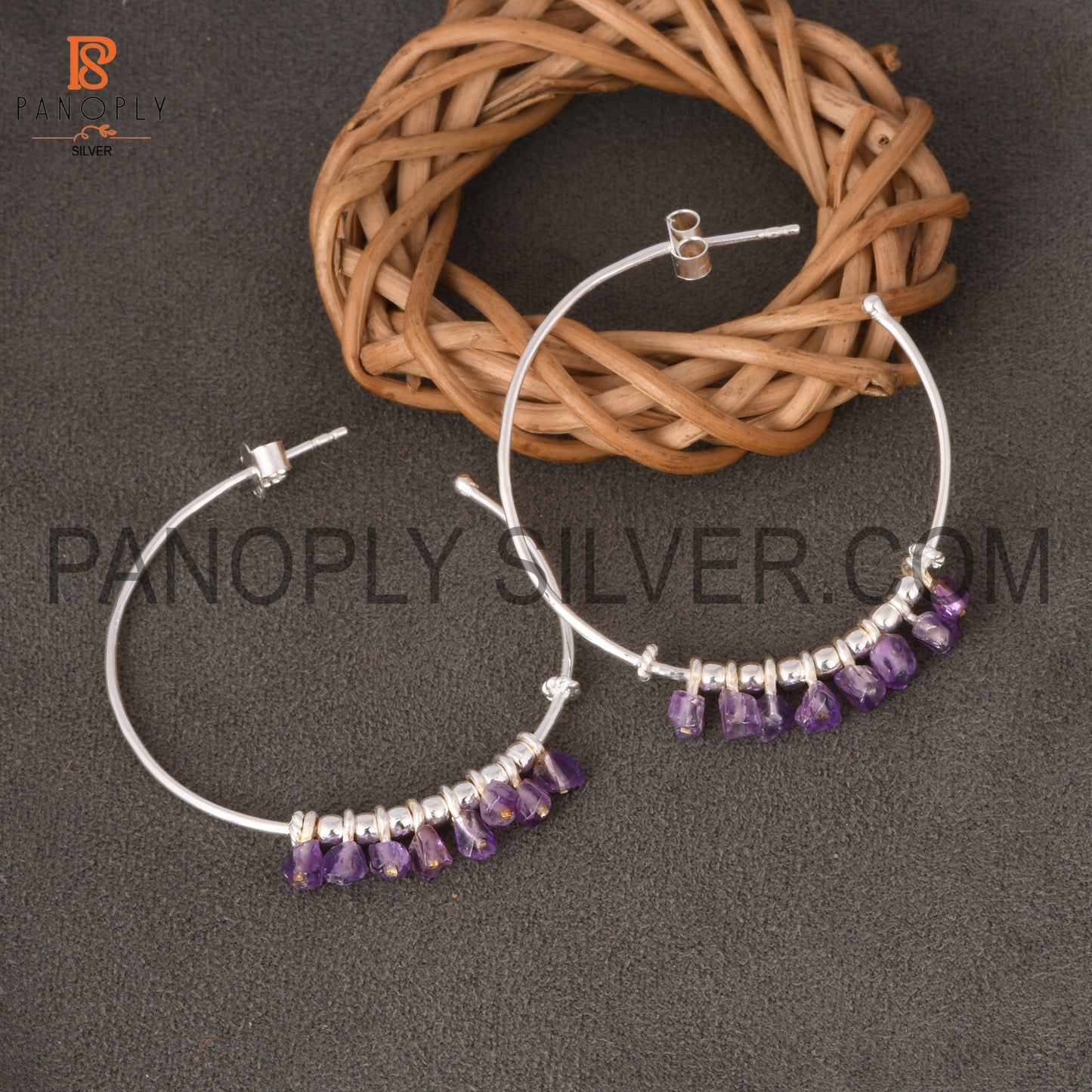 Amethyst Unshaped Silver Loop Earrings for Girls, Women's