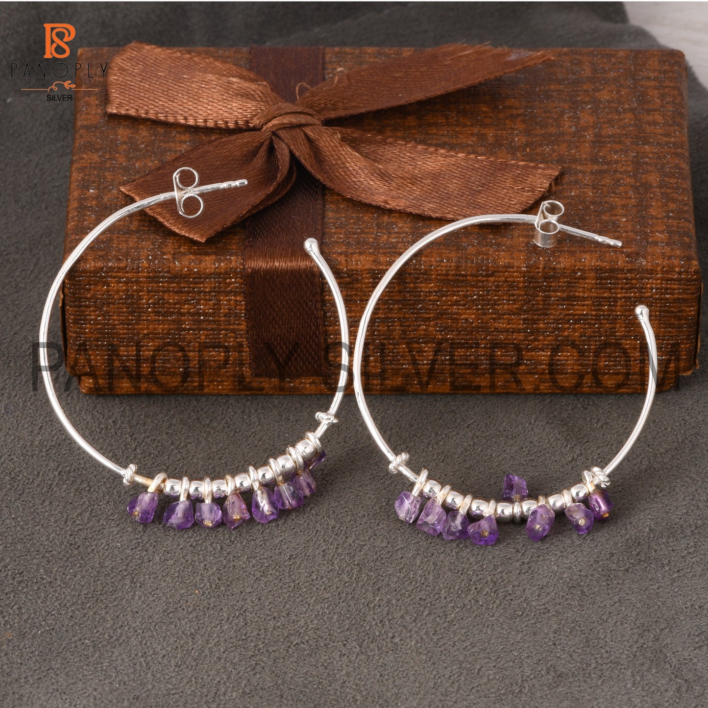 Amethyst Unshaped Silver Loop Earrings for Girls, Women's