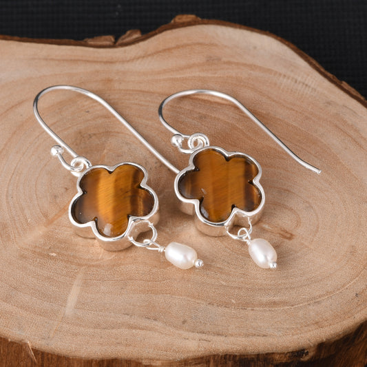 Tiger Eye Yellow & Pearl 925 Sterling Silver Drop Earrings