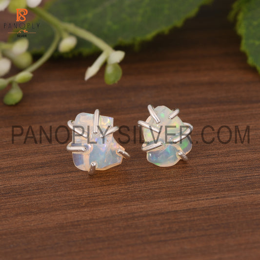 Ethiopian Opal Prong Set Cute Stud Silver Opal Earrings