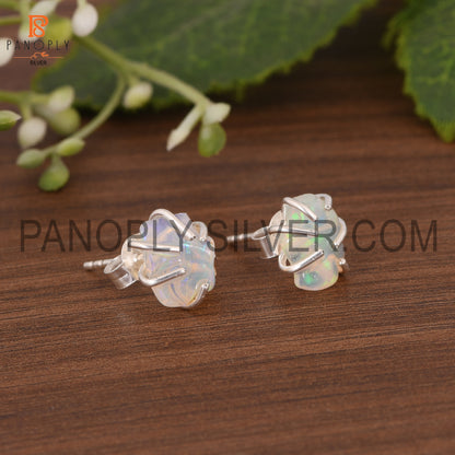 Ethiopian Opal Prong Set Cute Stud Silver Opal Earrings