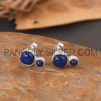 925 Sterling Silver Two Lapis Cushion Shape Blue Stud