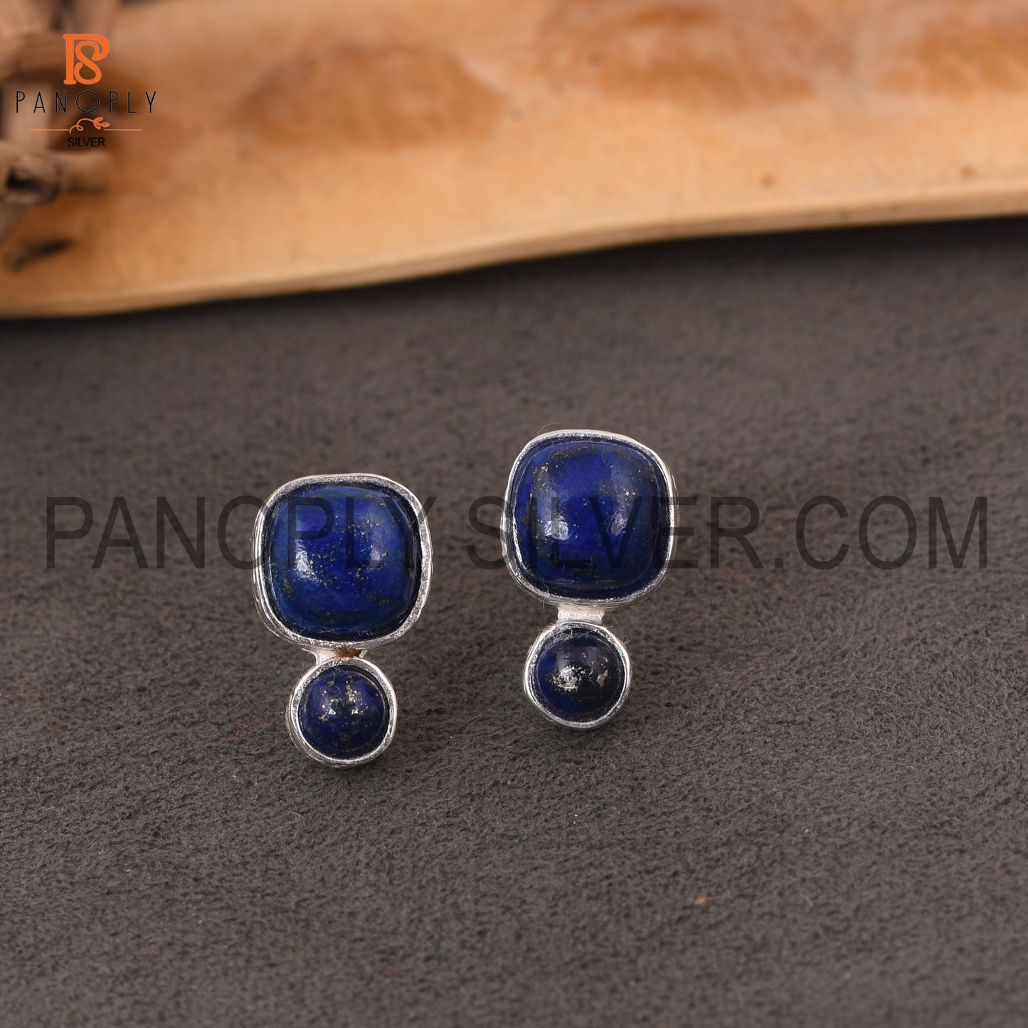 925 Sterling Silver Two Lapis Cushion Shape Blue Stud