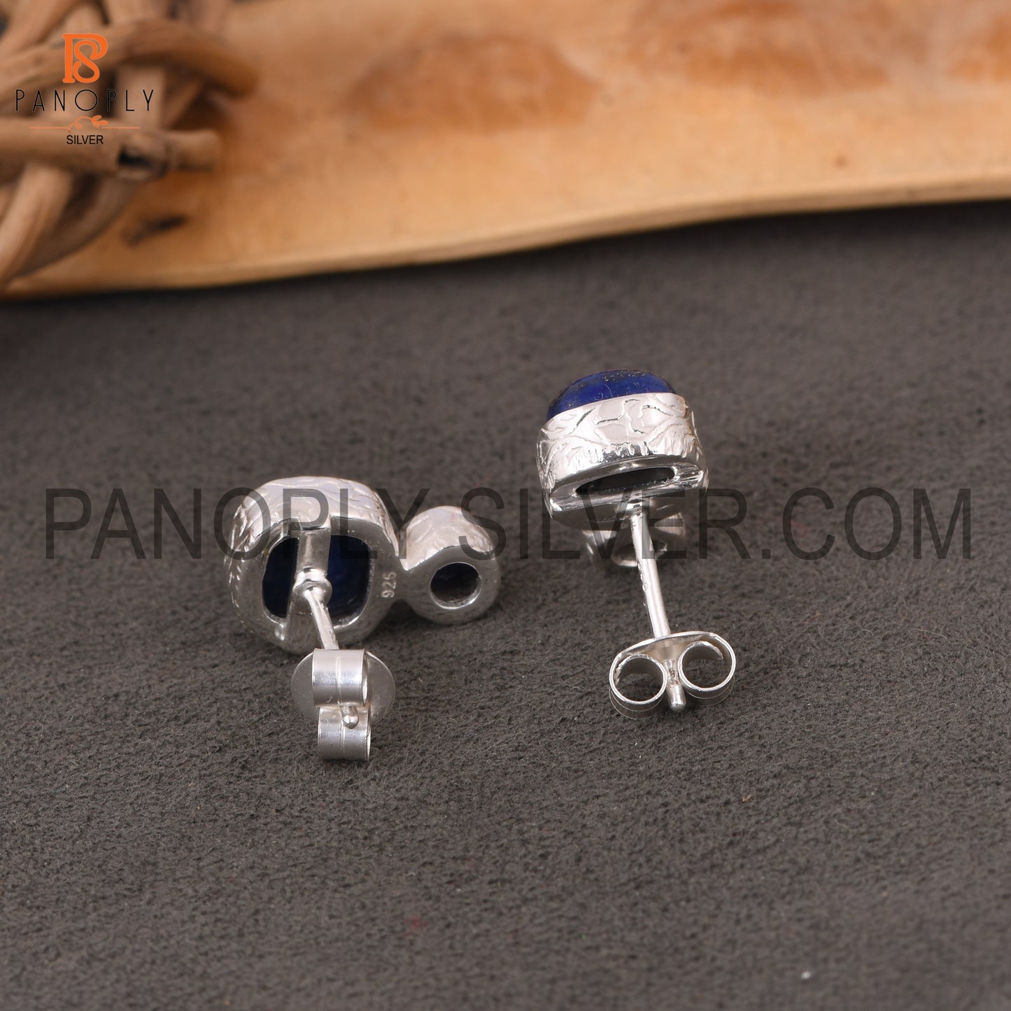 925 Sterling Silver Two Lapis Cushion Shape Blue Stud