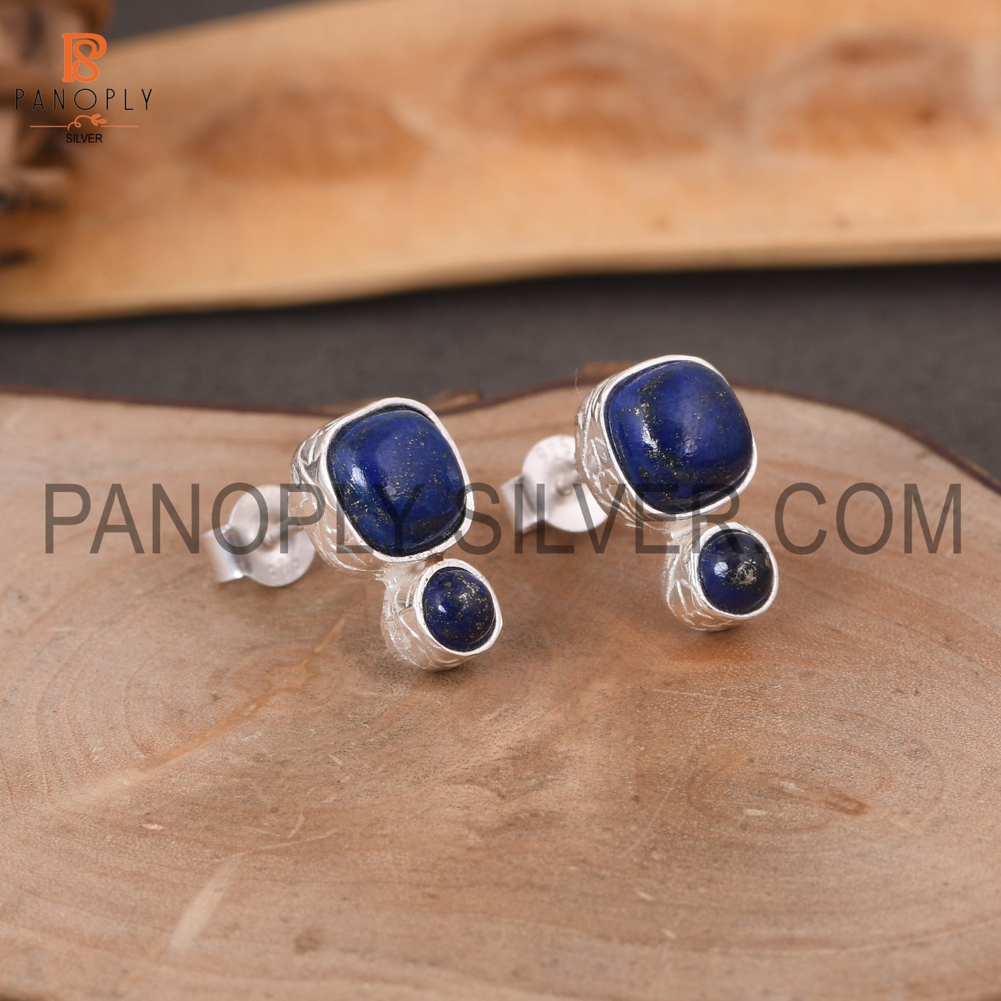 925 Sterling Silver Two Lapis Cushion Shape Blue Stud