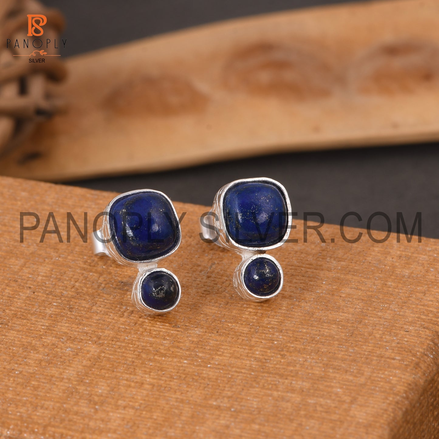 925 Sterling Silver Two Lapis Cushion Shape Blue Stud