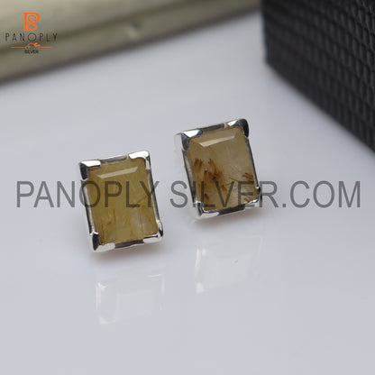 Golden Rutile 925 Silver Gem Bold Elegant Stud Women Jewelry