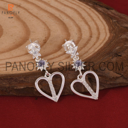 Tanzanite & Cz Star Moon Heart 925 Silver Earrings