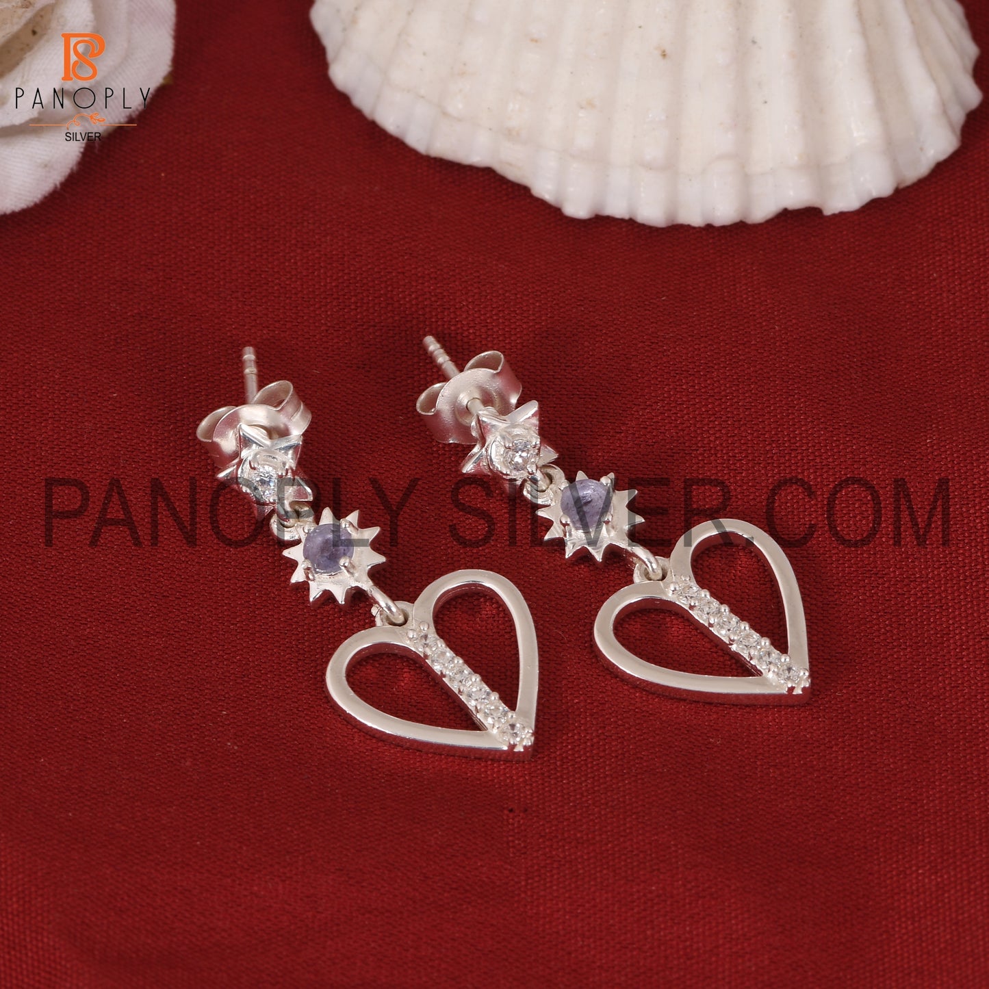 Tanzanite & Cz Star Moon Heart 925 Silver Earrings