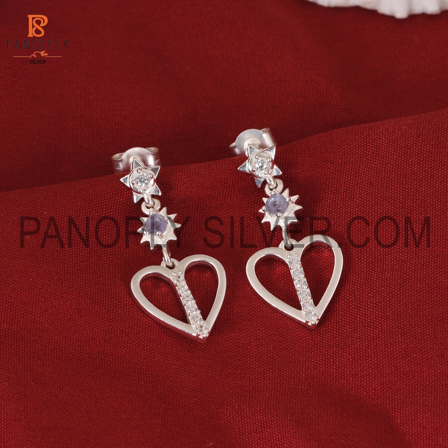 Tanzanite & Cz Star Moon Heart 925 Silver Earrings