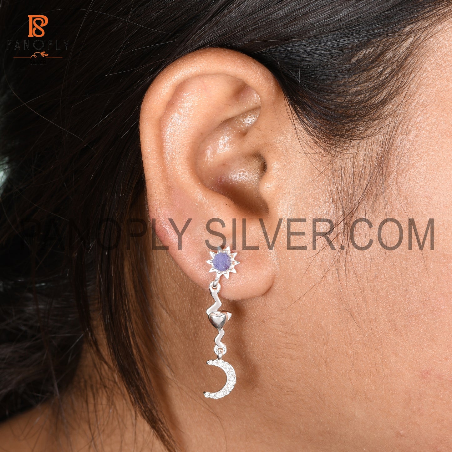 Tanzanite & Cz Star Moon Heart 925 Silver Sun Earrings