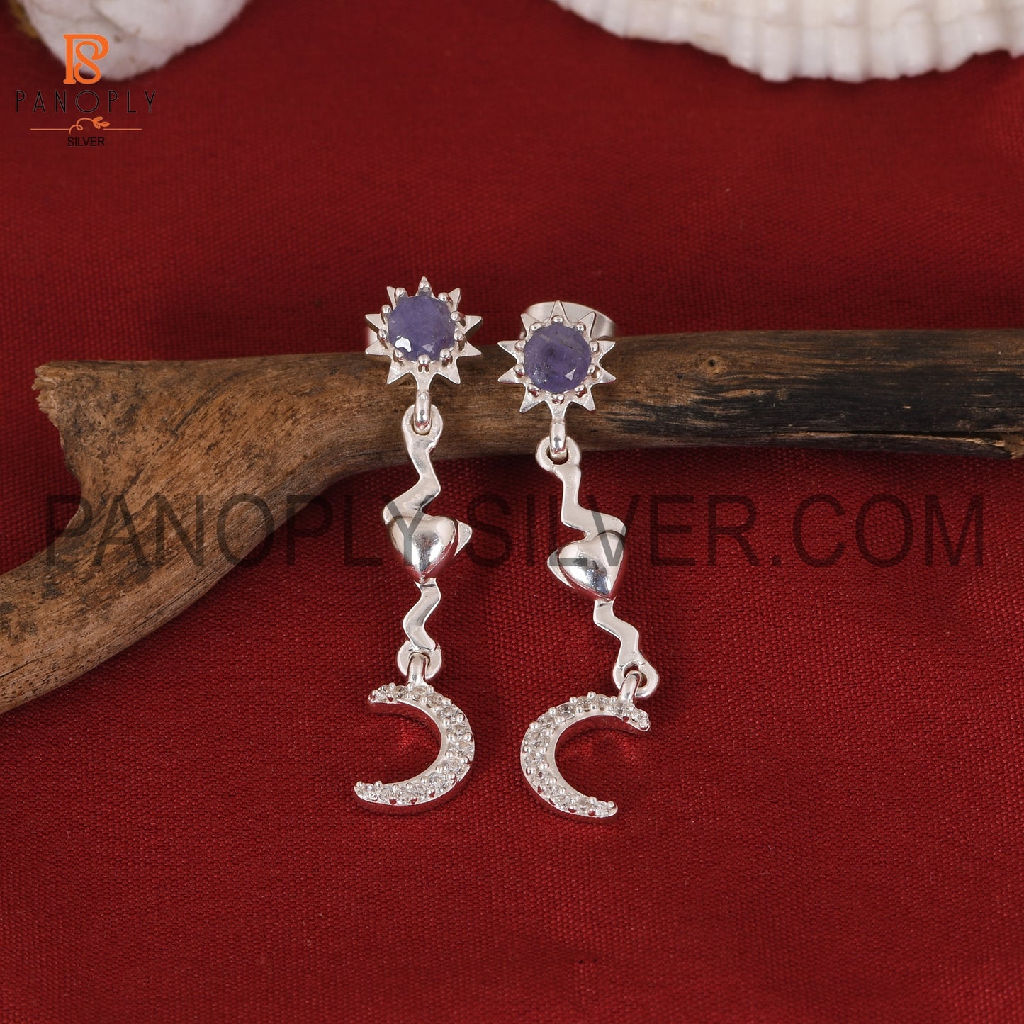 Tanzanite & Cz Star Moon Heart 925 Silver Sun Earrings