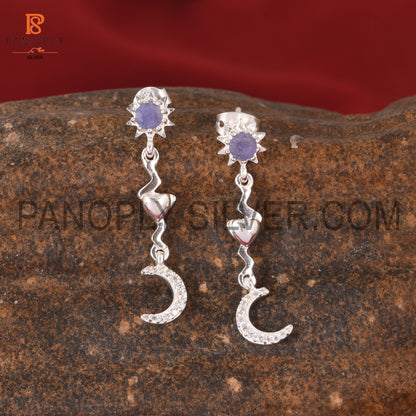 Tanzanite & Cz Star Moon Heart 925 Silver Sun Earrings