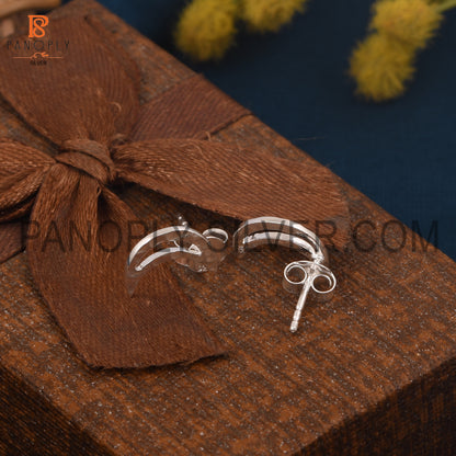 925 Silver Hammered Half Moon Hoop Stud Earrings