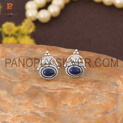 Lapis Oval Shape Oxidized Jewelry 925 Silver Earrings