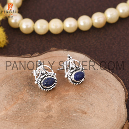 Lapis Oval Shape Oxidized Jewelry 925 Silver Earrings