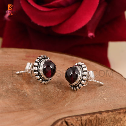 Natural Garnet Tiny Round 6 mm Stud 925 Silver Earrings