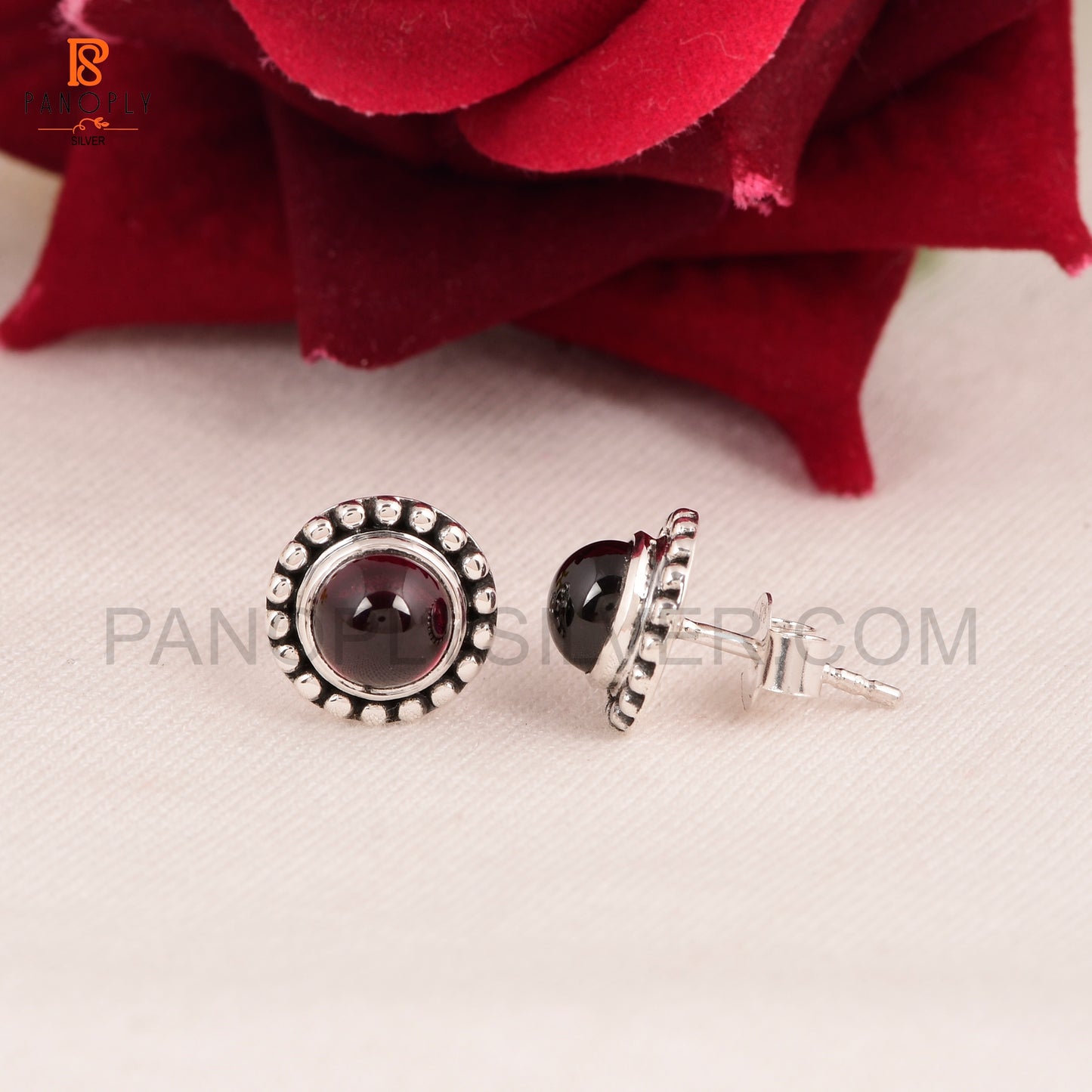 Natural Garnet Tiny Round 6 mm Stud 925 Silver Earrings