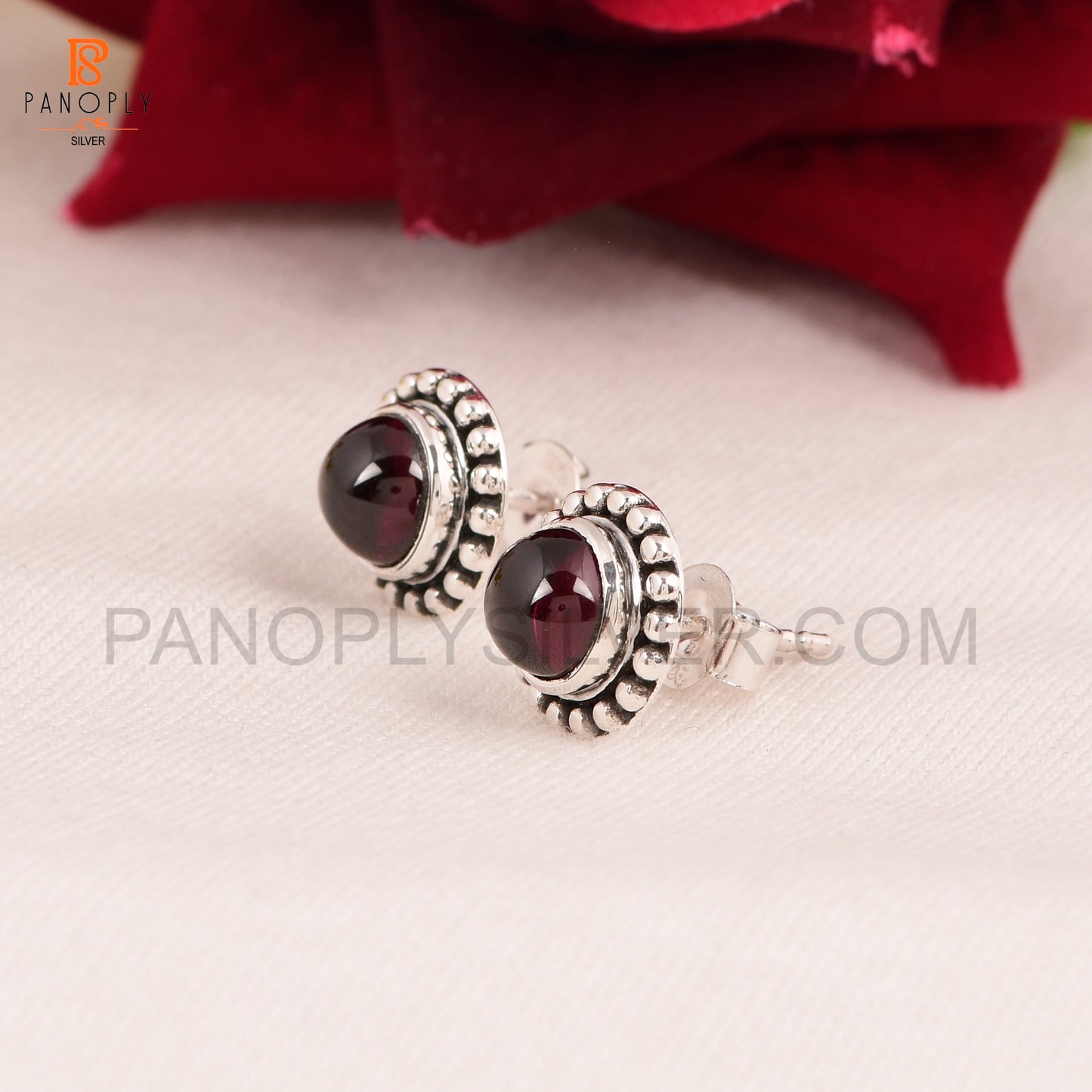 Natural Garnet Tiny Round 6 mm Stud 925 Silver Earrings