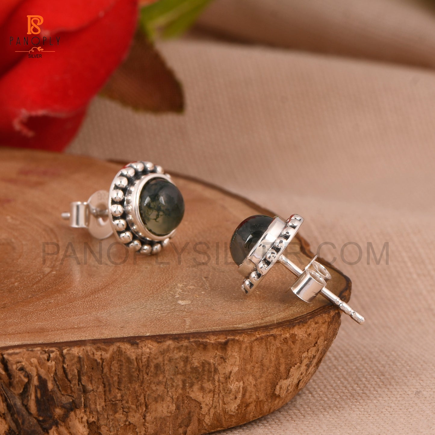 Natural Moss Agate Round 6 mm Stud 925 Silver Earrings