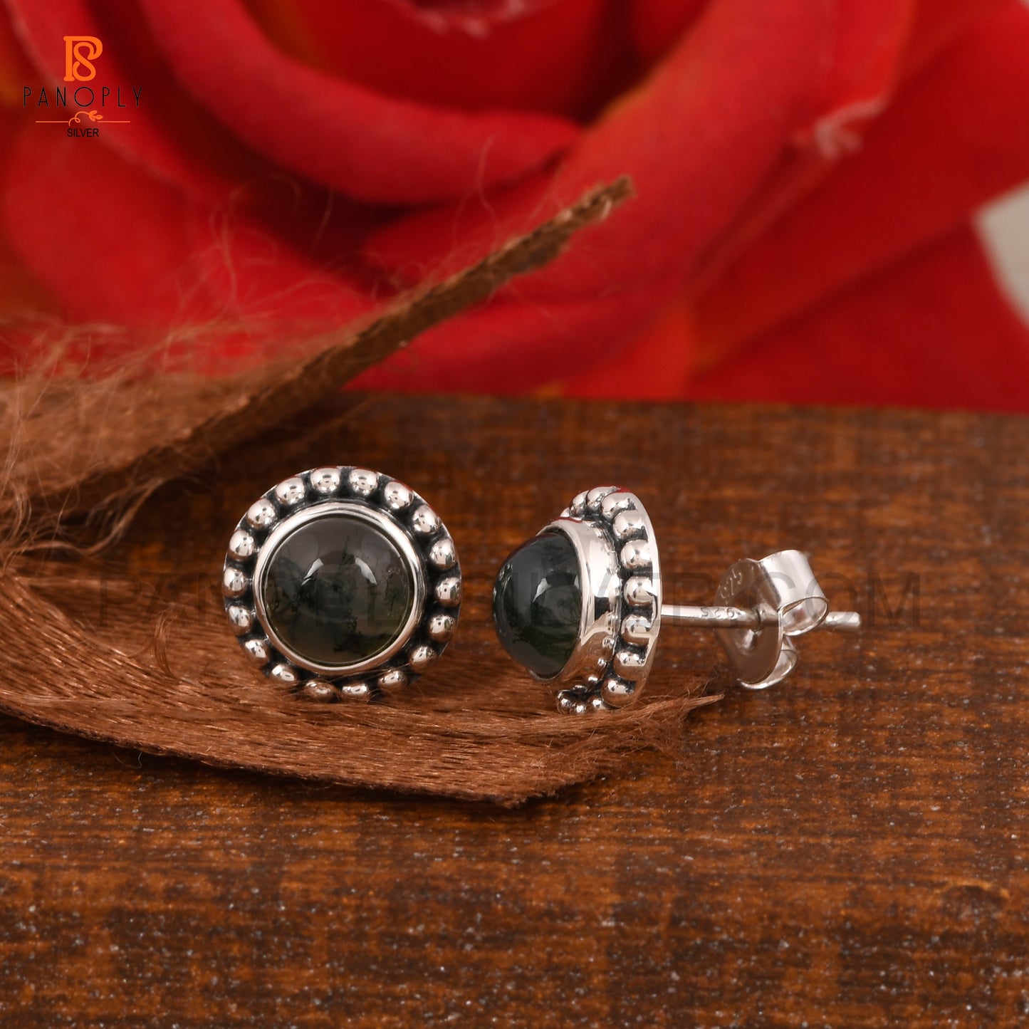 Natural Moss Agate Round 6 mm Stud 925 Silver Earrings