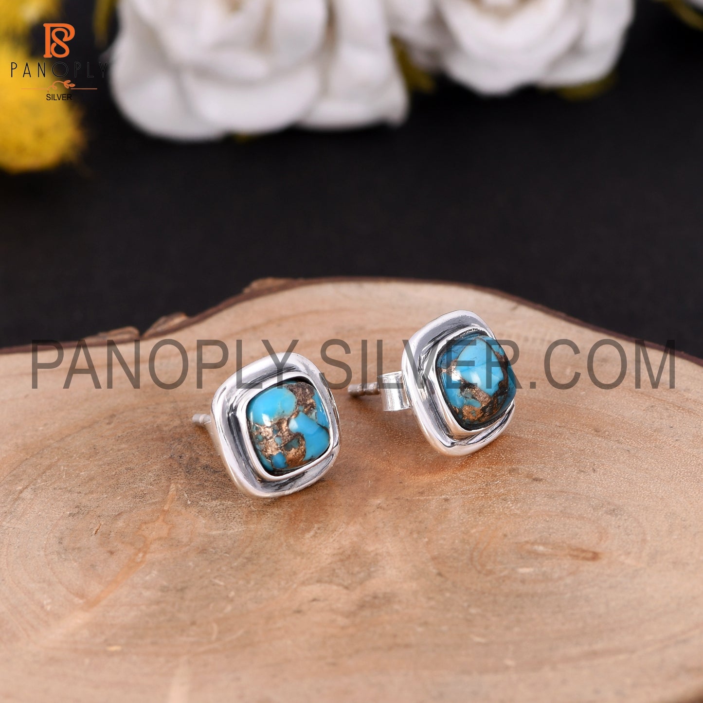 Mojave Copper Turquoise Stone 925 Silver Cushion Stud Earrings