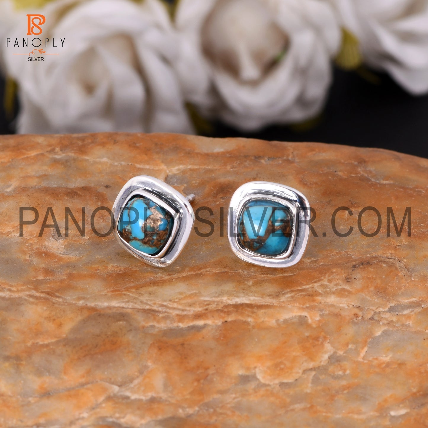 Mojave Copper Turquoise Stone 925 Silver Cushion Stud Earrings