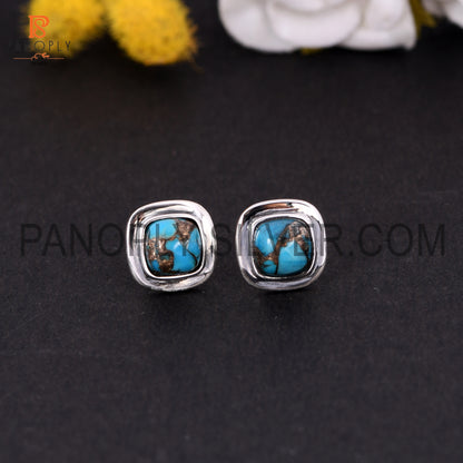 Mojave Copper Turquoise Stone 925 Silver Cushion Stud Earrings