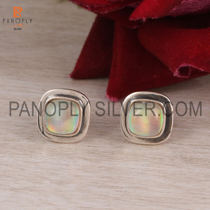 Double Aurora Opal Pink Stone 925 Silver Cushion Stud Earrings