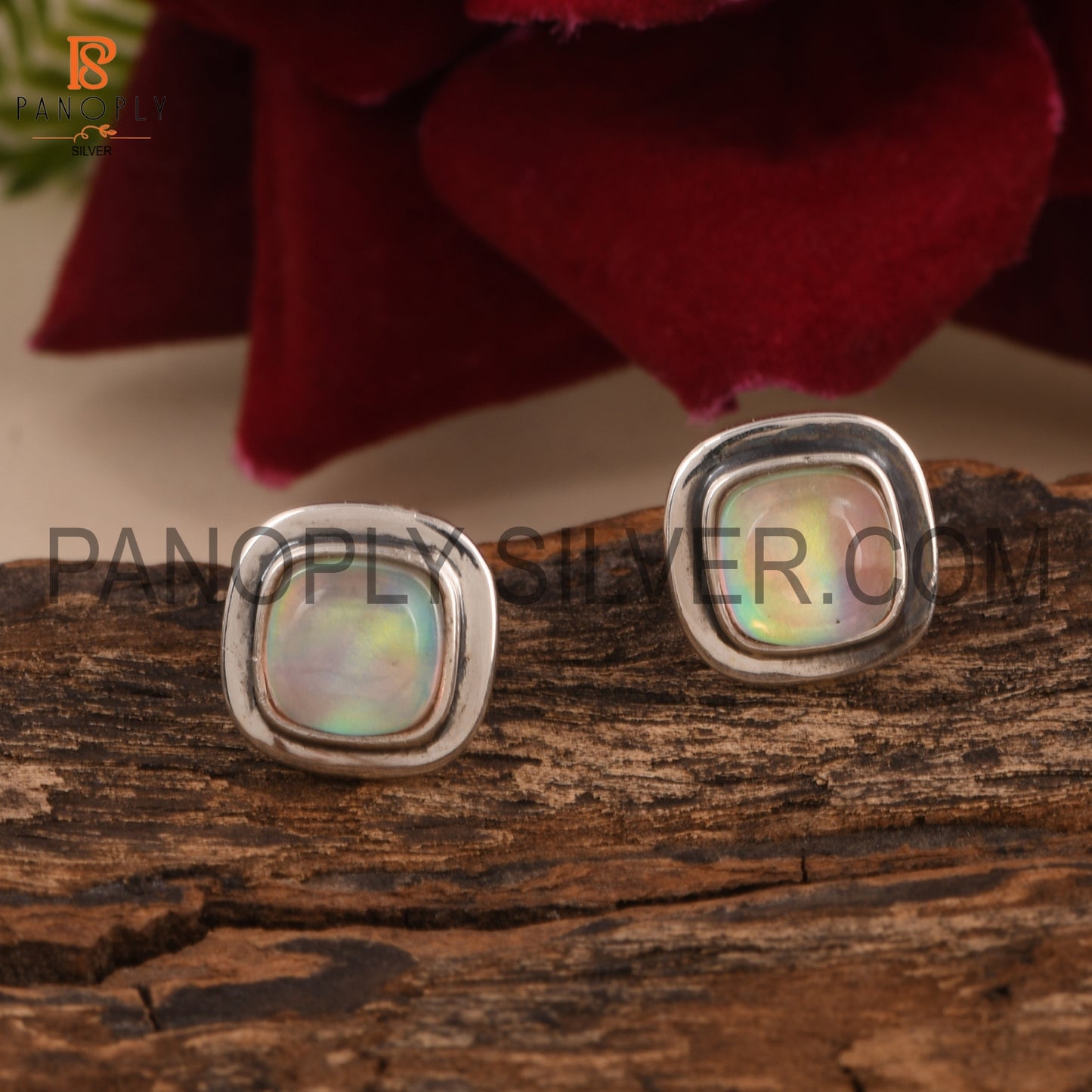 Double Aurora Opal Pink Stone 925 Silver Cushion Stud Earrings