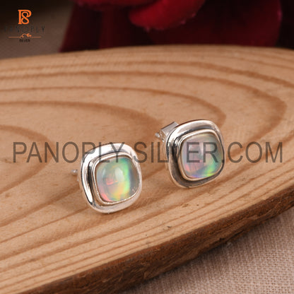 Double Aurora Opal Pink Stone 925 Silver Cushion Stud Earrings