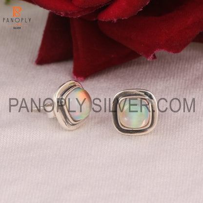 Double Aurora Opal Pink Stone 925 Silver Cushion Stud Earrings