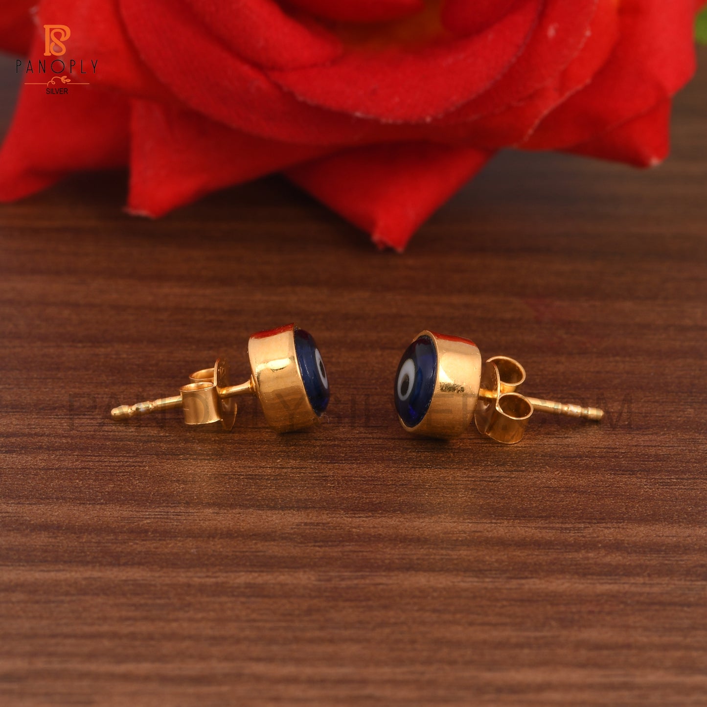 Blue Resin Gems Evil Eye Gold Stud Earrings