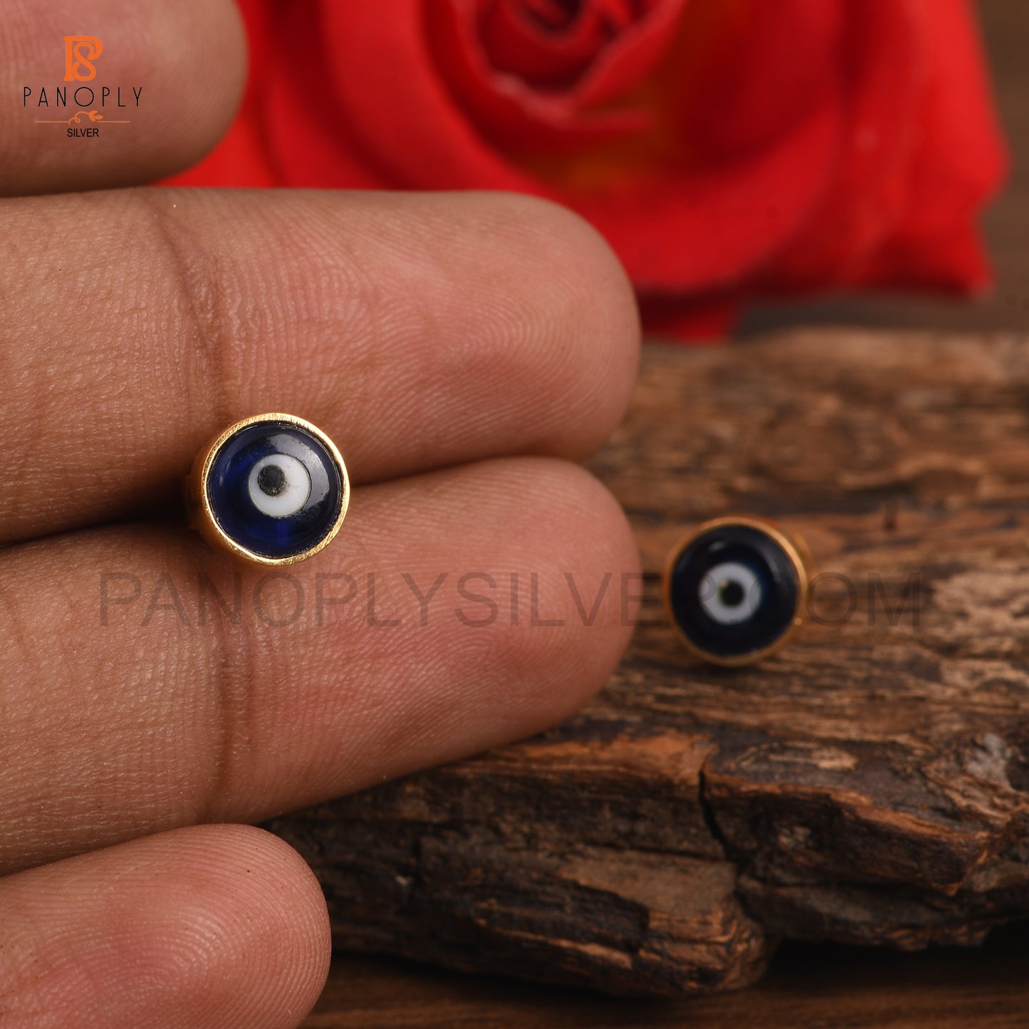 Blue Resin Gems Evil Eye Gold Stud Earrings