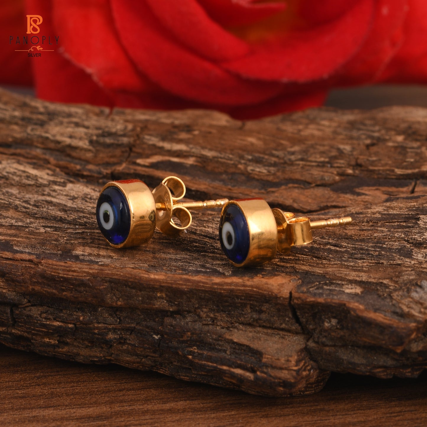 Blue Resin Gems Evil Eye Gold Stud Earrings