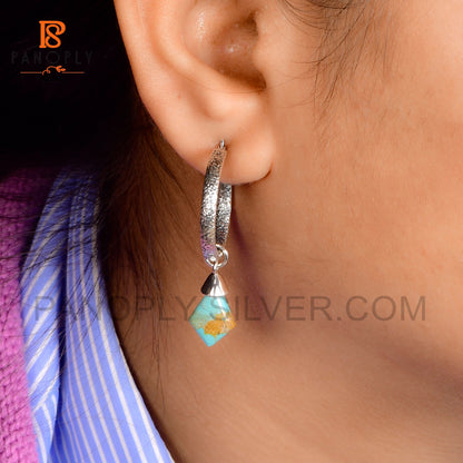 925 Silver Kite Shape Natural Gemstone Hoop Earrings