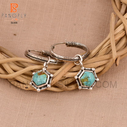 925 Silver Charm Hexagon Shape Kingman Turquoise Hoop Earrings