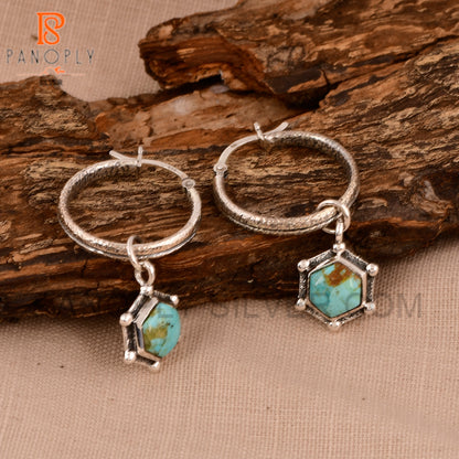 925 Silver Charm Hexagon Shape Kingman Turquoise Hoop Earrings