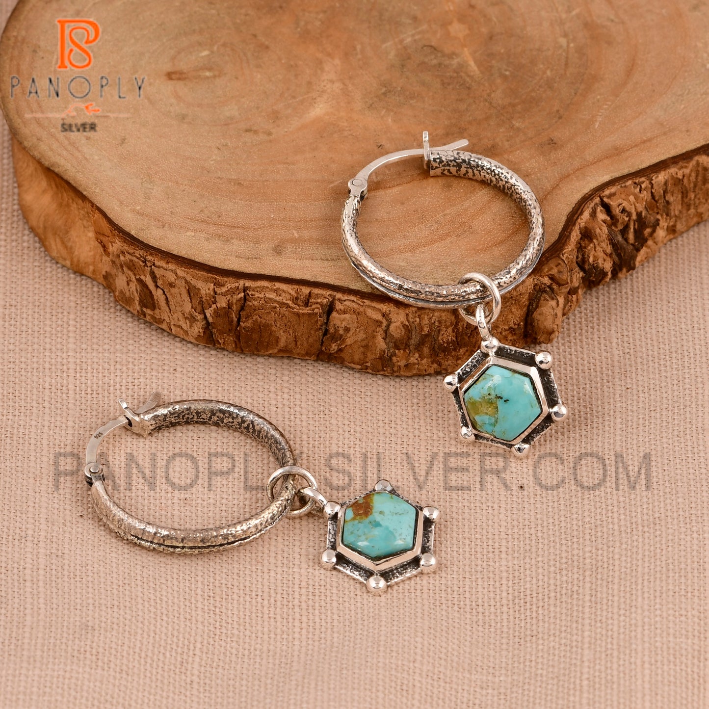 925 Silver Charm Hexagon Shape Kingman Turquoise Hoop Earrings