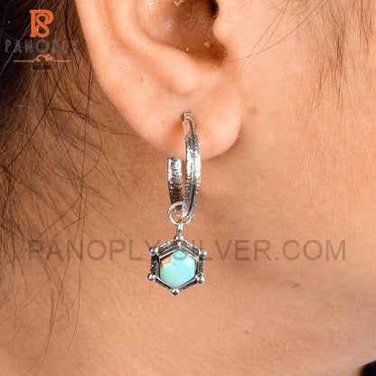 925 Silver Charm Hexagon Shape Kingman Turquoise Hoop Earrings