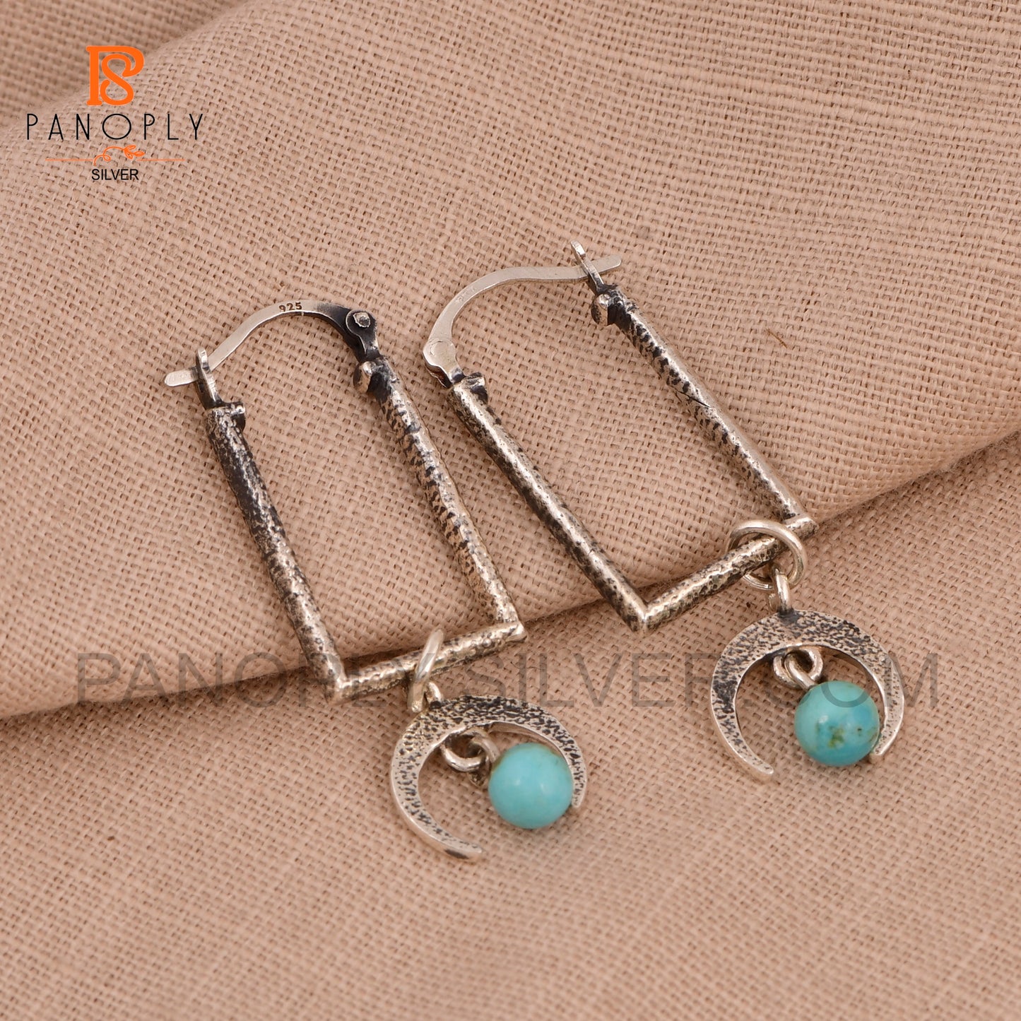 Stunning Half-Moon Turquoise & Moonstone Rectangular Drop Earrings