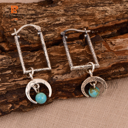 Stunning Half-Moon Turquoise & Moonstone Rectangular Drop Earrings