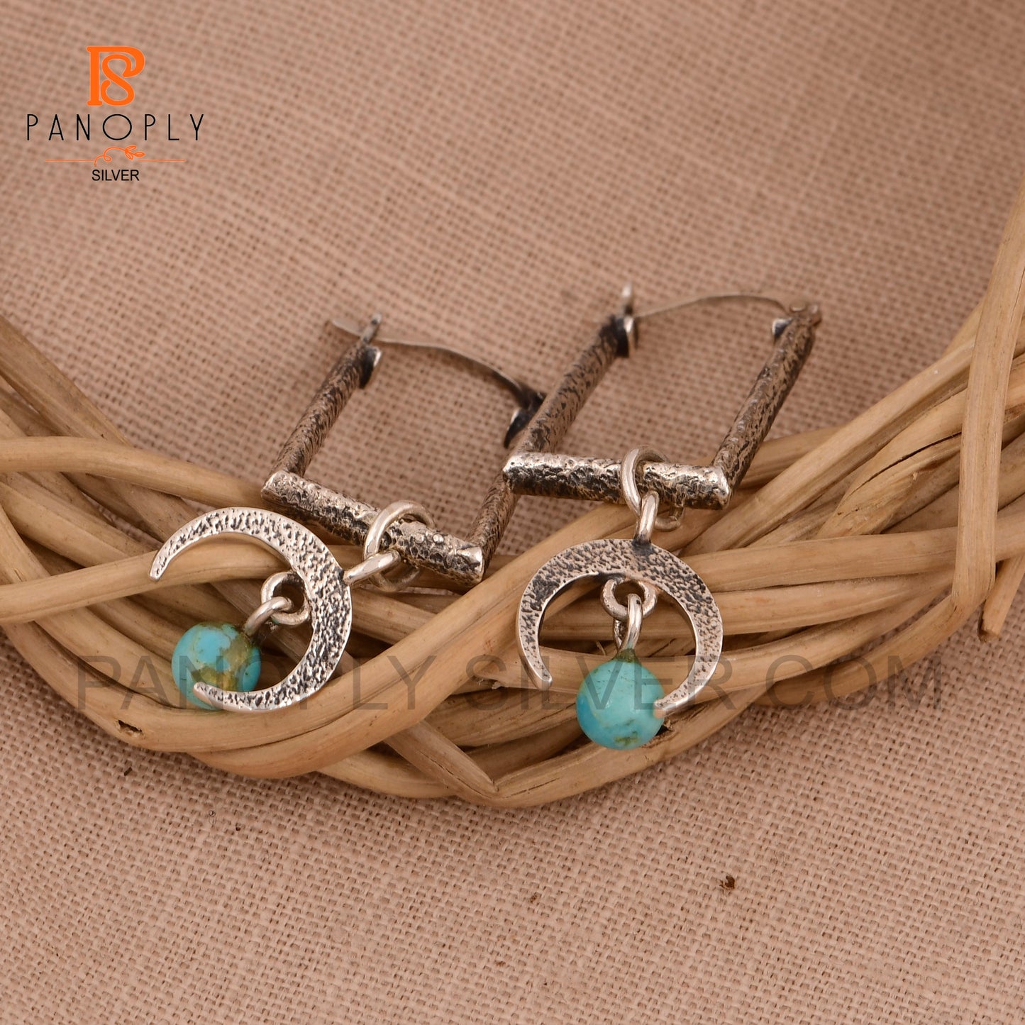 Stunning Half-Moon Turquoise & Moonstone Rectangular Drop Earrings