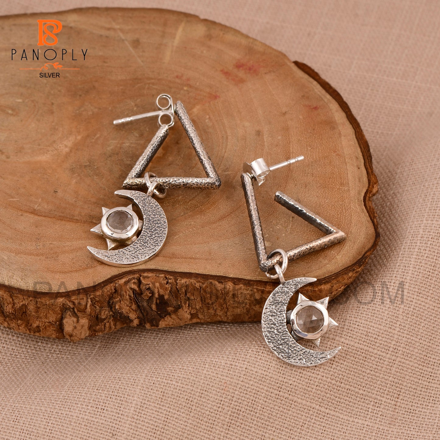 925 Silver Charm Star & Half-Moon Turquoise Triangle Drop Earrings