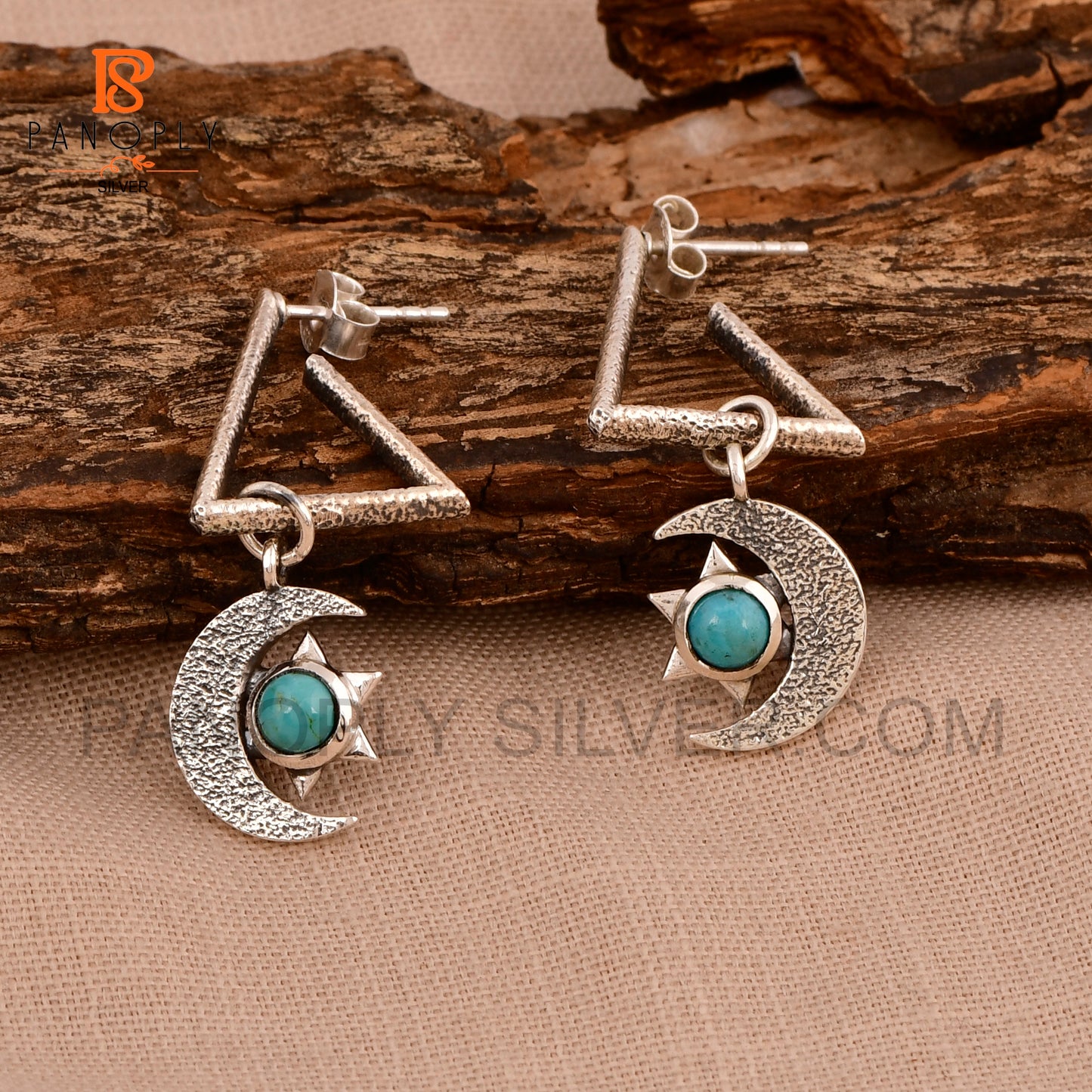 925 Silver Charm Star & Half-Moon Turquoise Triangle Drop Earrings