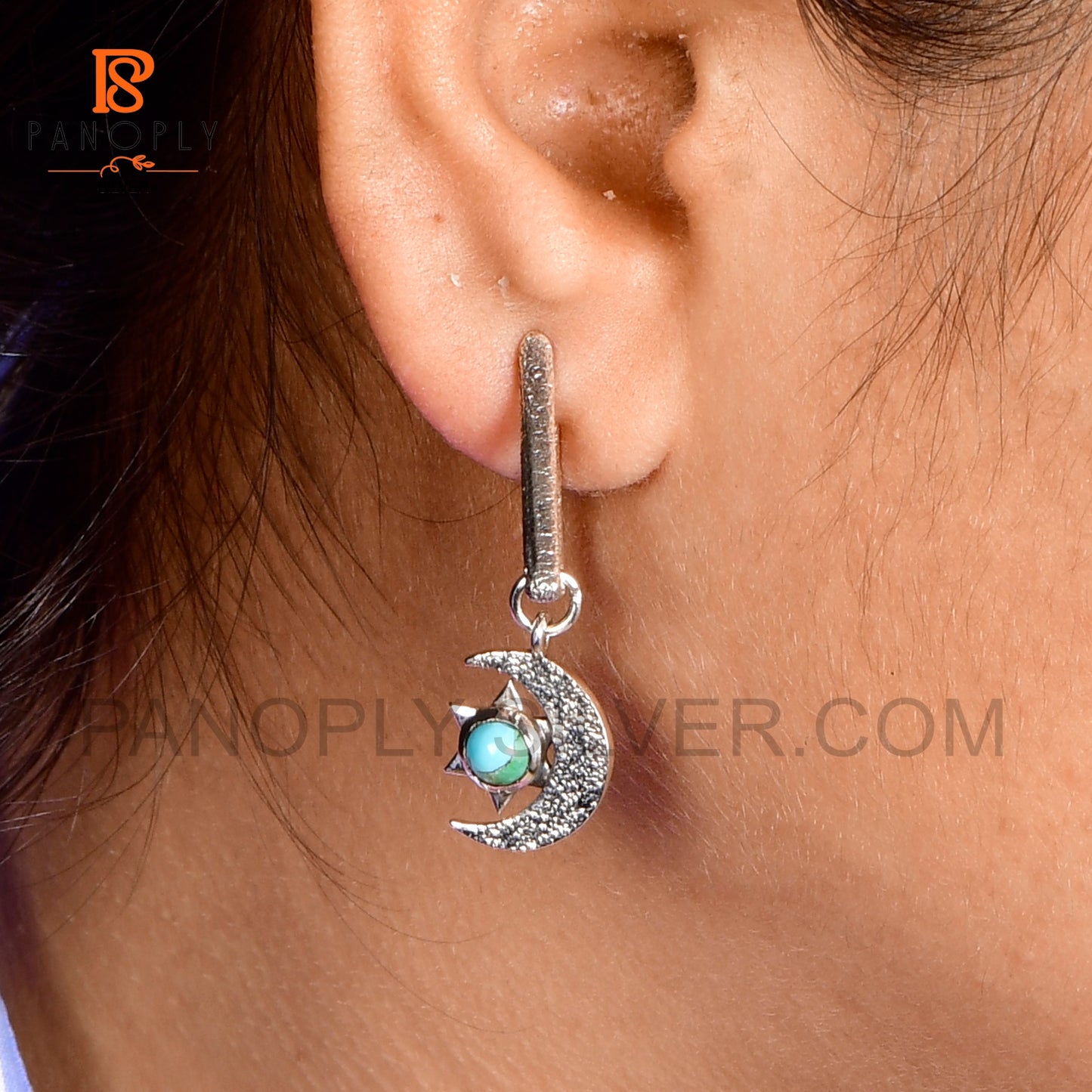 925 Silver Charm Star & Half-Moon Turquoise Triangle Drop Earrings