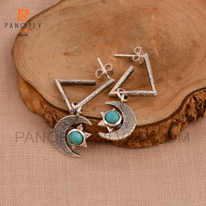 925 Silver Charm Star & Half-Moon Turquoise Triangle Drop Earrings